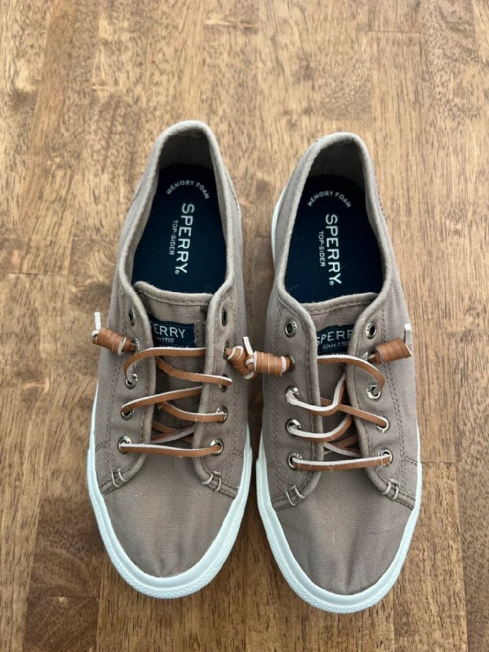 Sperry Women’s Taupe Canvas Boat Shoes with Tan Leather Laces